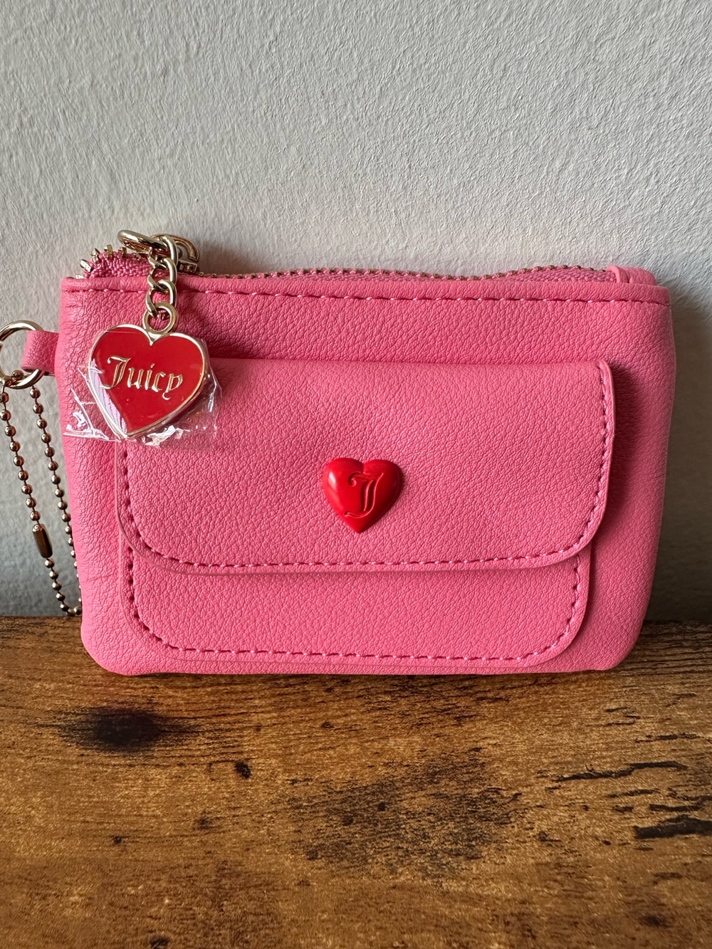 Juicy Couture Pink Mini Wallet Coin Purse with Heart Charm Keychain or Bag Charm